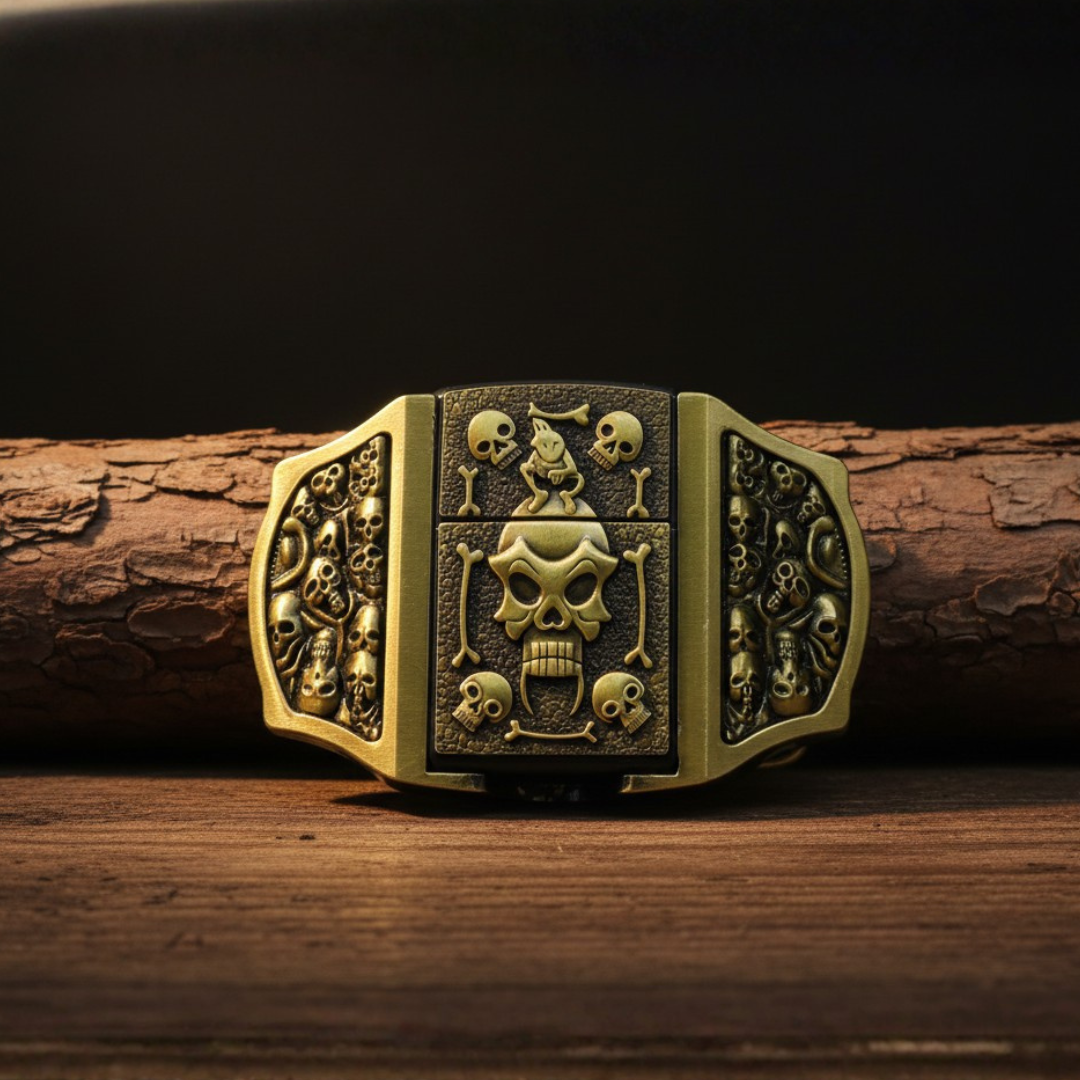 Heavy-Duty Skull & Bones Belt Buckle  + Hidden Lighter (Including Belt) — Retro Gothic Metal Finish