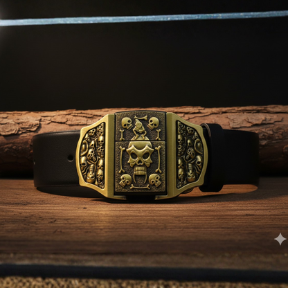 Heavy-Duty Skull & Bones Belt Buckle  + Hidden Lighter (Including Belt) — Retro Gothic Metal Finish