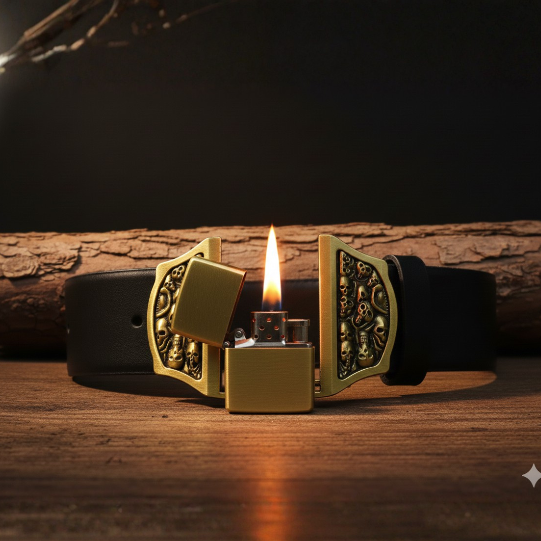 Heavy-Duty Skull & Bones Belt Buckle  + Hidden Lighter (Including Belt) — Retro Gothic Metal Finish