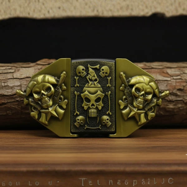 Military Pirate Skull Belt Buckle  + Hidden Lighter (Including Belt) — Antique Brass Gothic Metal Design
