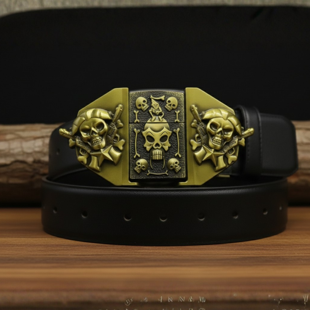 Military Pirate Skull Belt Buckle  + Hidden Lighter (Including Belt) — Antique Brass Gothic Metal Design