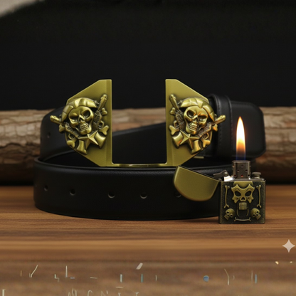 Military Pirate Skull Belt Buckle  + Hidden Lighter (Including Belt) — Antique Brass Gothic Metal Design