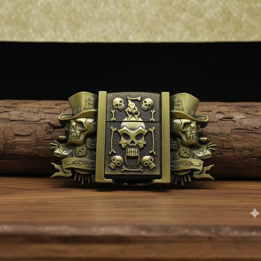 Vintage Steampunk Skull Belt Buckle + Hidden Lighter (Including Belt)