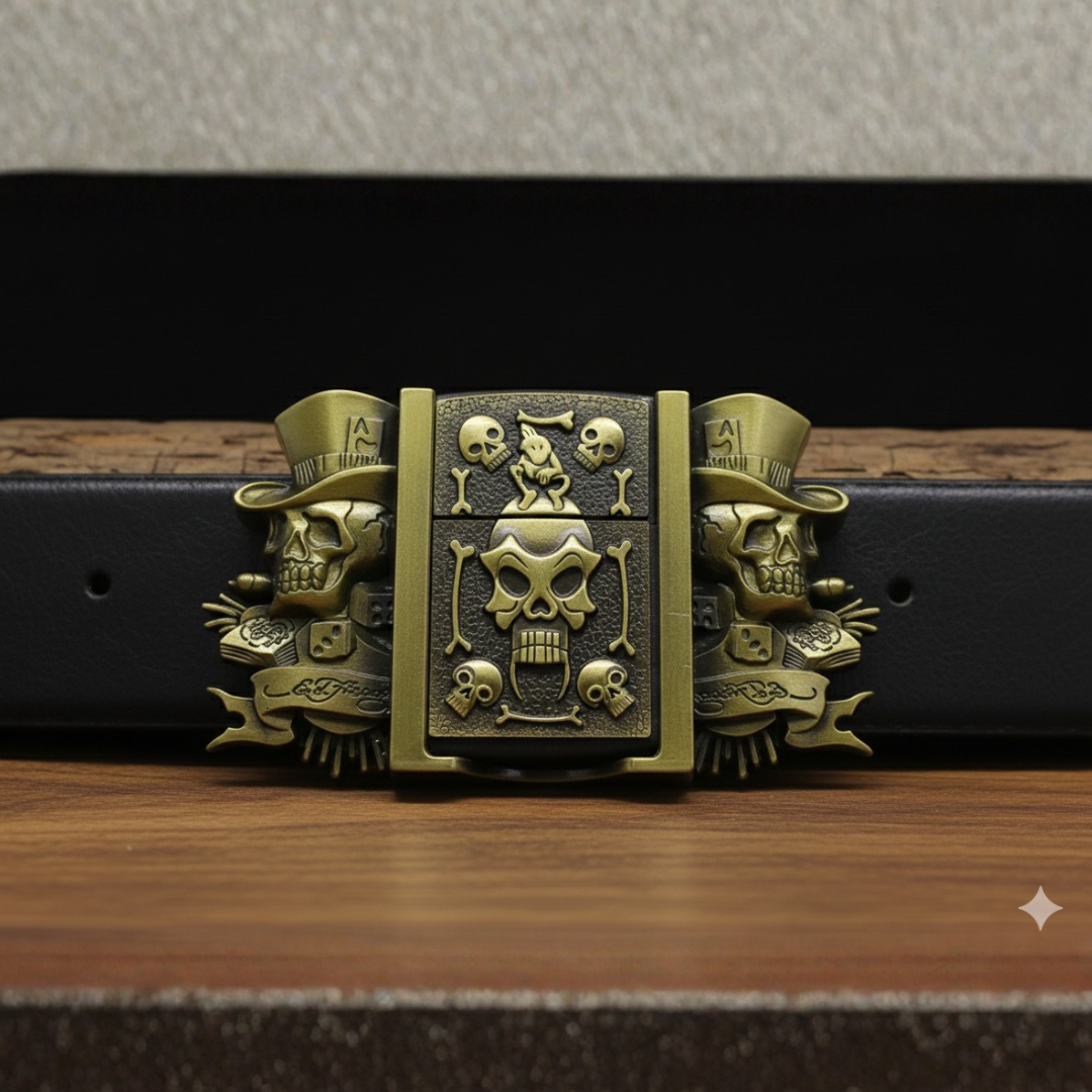 Vintage Steampunk Skull Belt Buckle + Hidden Lighter (Including Belt)