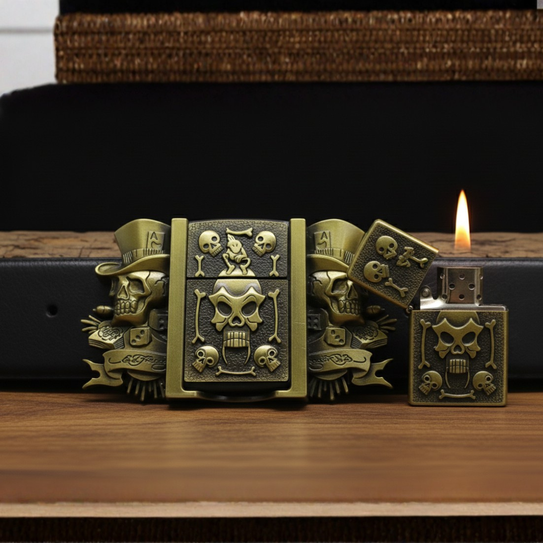 Vintage Steampunk Skull Belt Buckle + Hidden Lighter (Including Belt)