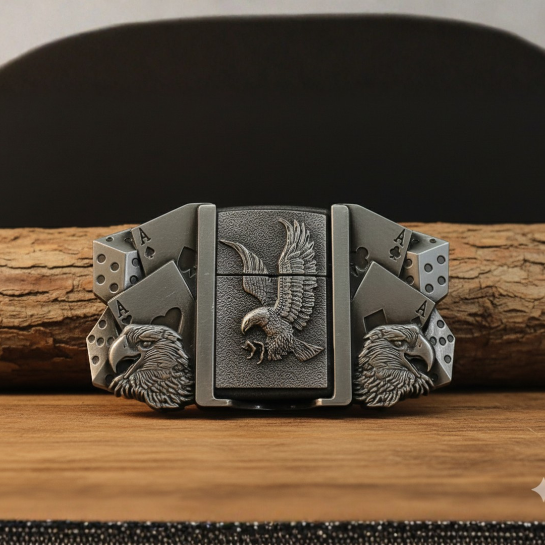 Retro Eagle Warrior Belt Buckle With Hidden Lighter — Poker Cards & Dice Detail (Including Belt)