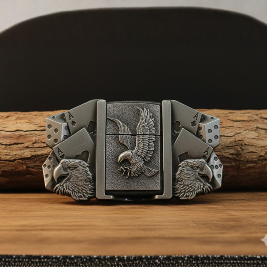 Retro Eagle Warrior Belt Buckle With Hidden Lighter — Poker Cards & Dice Detail (Including Belt)