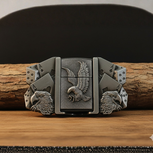Retro Eagle Warrior Belt Buckle With Hidden Lighter — Poker Cards & Dice Detail (Including Belt)