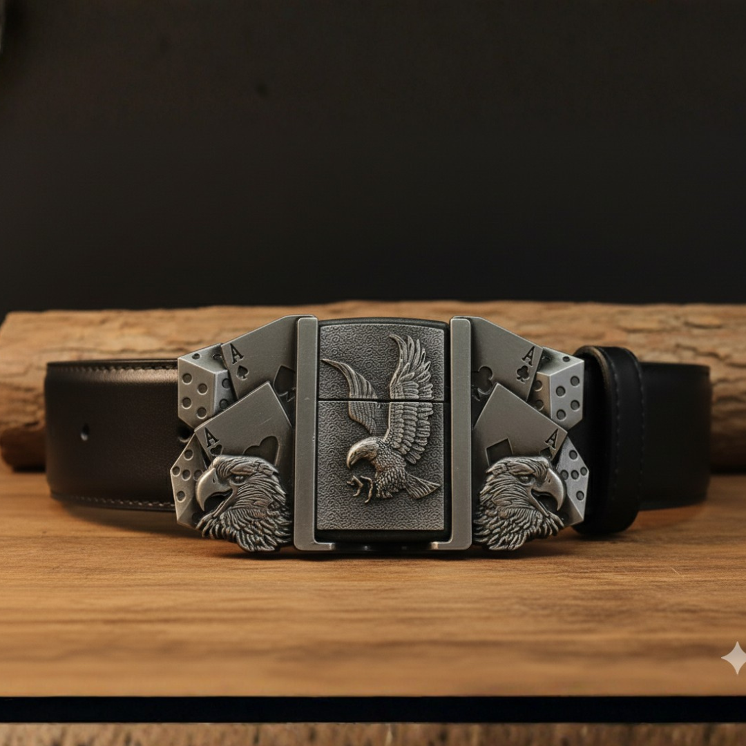 Retro Eagle Warrior Belt Buckle With Hidden Lighter — Poker Cards & Dice Detail (Including Belt)