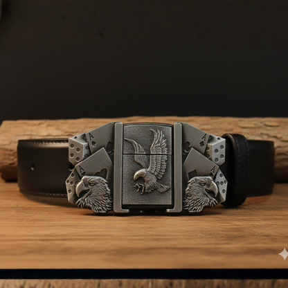 Retro Eagle Warrior Belt Buckle With Hidden Lighter — Poker Cards & Dice Detail (Including Belt)