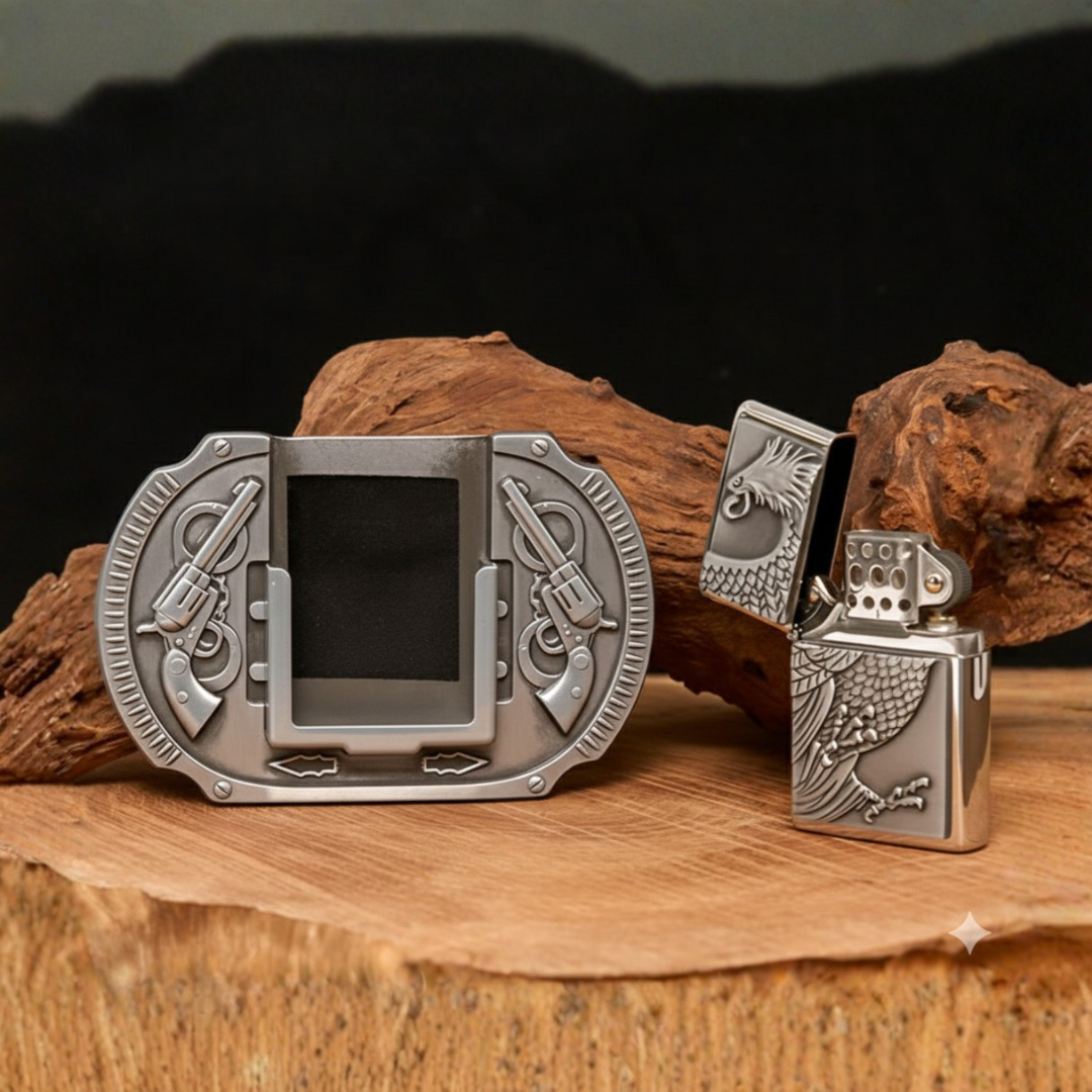 Retro Eagle Warrior Belt Buckle With Hidden Lighter — Poker Cards & Dice Detail (Including Belt)