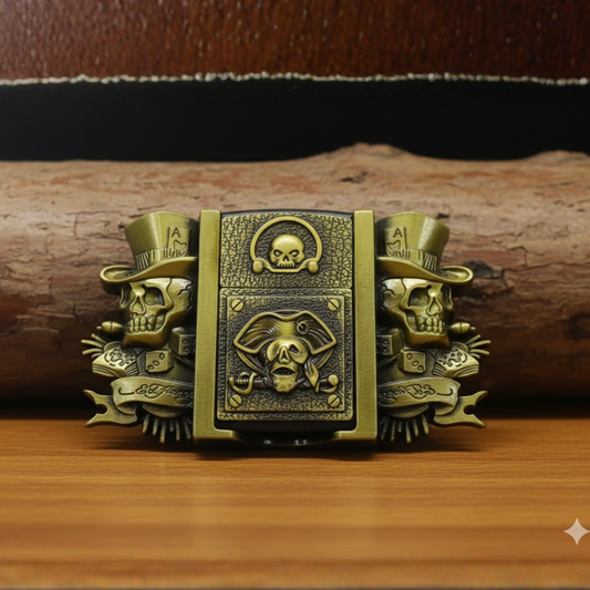 Vintage Pirate Skull Belt Buckle+ Hidden Lighter (Including Belt)  — Antique Brass Gothic Design