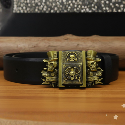 Vintage Pirate Skull Belt Buckle+ Hidden Lighter (Including Belt)  — Antique Brass Gothic Design