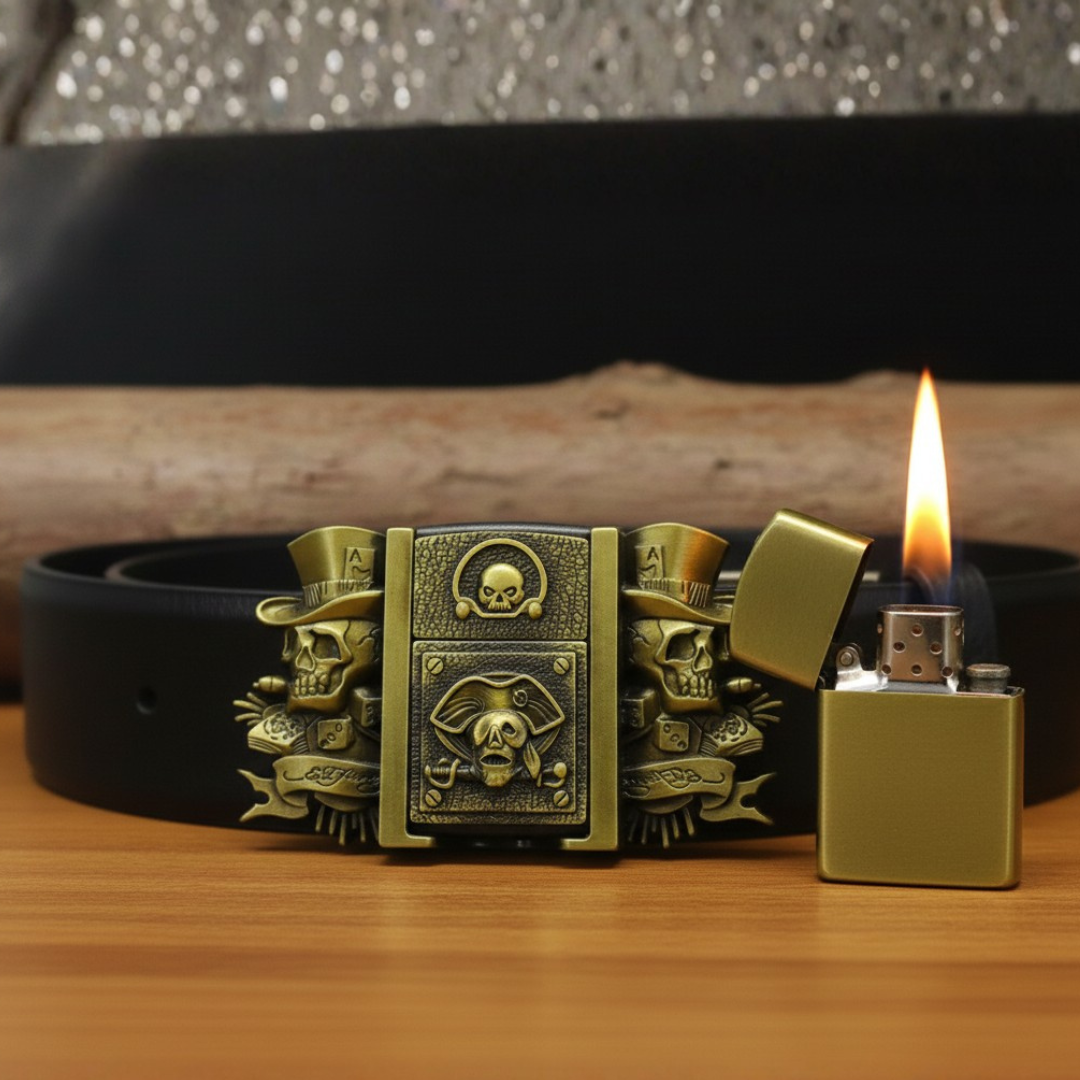 Vintage Pirate Skull Belt Buckle+ Hidden Lighter (Including Belt)  — Antique Brass Gothic Design
