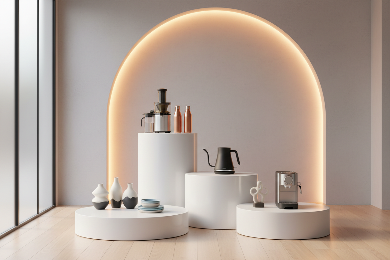 “Create a clean, modern product display setup inside a stylish kitchen showroom. Show a collection of premium kitchen gadgets, home appliances, and decorative items arranged neatly on round podiums. Include items like a sleek juicer machine, insulated bottles, an electric kettle, decorative vases, and small bowls. Use soft warm lighting with a professional studio look. Add a glowing background arch design to highlight the products. The environment should feel luxurious, minimal, and perfect for an online st